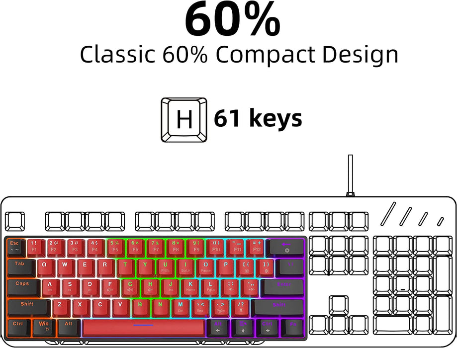 Compact Dominance: 60% Wired Mechanical Keyboard - Mini Gaming Keyboard with 61 Red Switches Keys for PC, Windows XP, Win 7, Win 10 - Black-Red Design for Fast and Precise Gaming