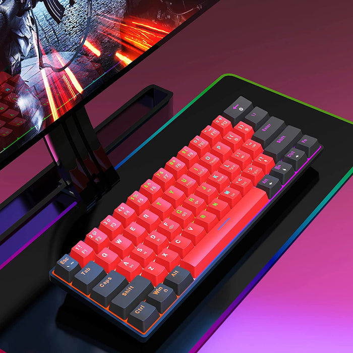 Compact Dominance: 60% Wired Mechanical Keyboard - Mini Gaming Keyboard with 61 Red Switches Keys for PC, Windows XP, Win 7, Win 10 - Black-Red Design for Fast and Precise Gaming