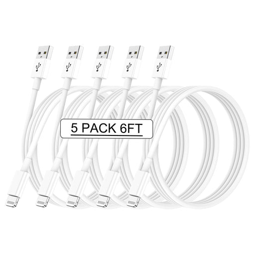 LightningLink 5-Pack 6ft Long Lightning to USB Cables - Compatible with iPhone/iPad/iPod, 5V Fast Charging and Data Sync