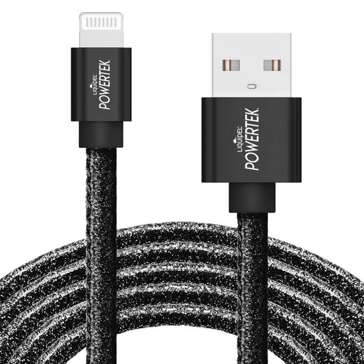 GlimmerCharge MFI Certified Lightning to USB Cable - Fast Charging 6ft Cord for iPad & iPhone, Pastel Glitter Black