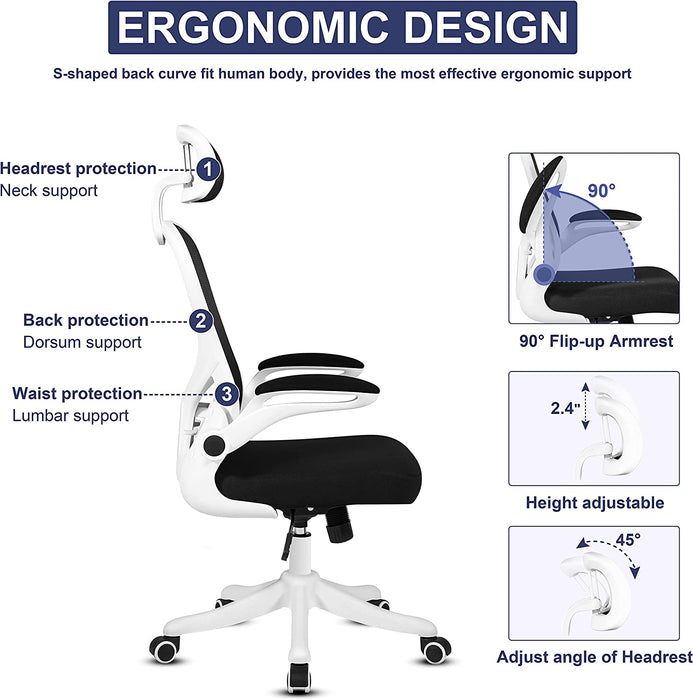 Office Chair - Ergonomic Desk Chair - Computer Chair - Mesh Computer Chair with Adjustable Headrest and Lumbar Support - Home Office Chair in White: Comfort and Support for Your Work Space