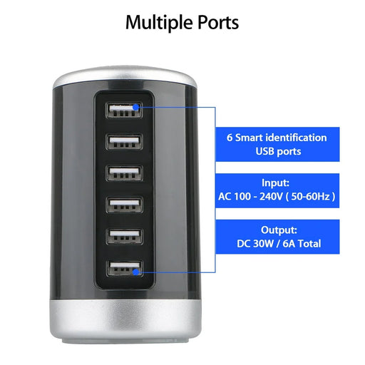 Power Hub Pro: 6-Port USB Desktop Charger - 6A/30W Rapid Charging Station for Phones, Tablets, iPhone, iPad, Samsung, LG, HTC, Moto