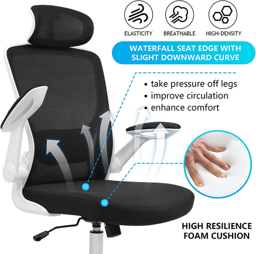 Ergonomic Office Chair - Breathable Mesh Desk Chair with Lumbar Support, Headrest, and Flip-Up Arms - Swivel Task Chair - Adjustable Height Gaming Chair - White