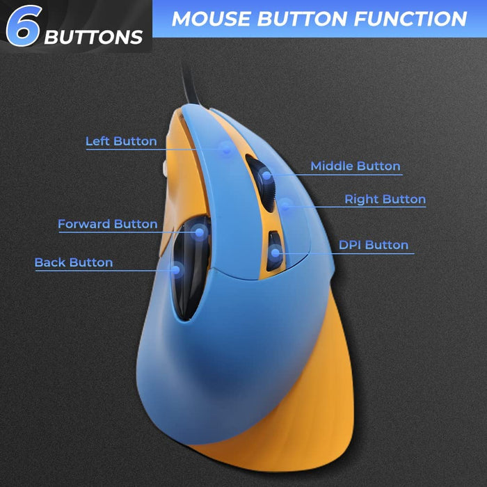 Vertical Ergonomic 89g Lightweight Optical Mouse - Wired RGB Gaming Mouse to Reduce Wrist/Hand Strain, 1000/1600/3200/6400 DPI, 6 Buttons for Laptop, Desktop, PC, Mac - Blue & Yellow