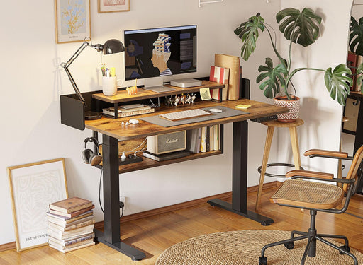 55" Electric Standing Desk with Shelves - 55 x 24 Inch Sit Stand Rising Desk with Monitor Stand and Storage - Ergonomic Home Office Computer Desk - Rustic Design