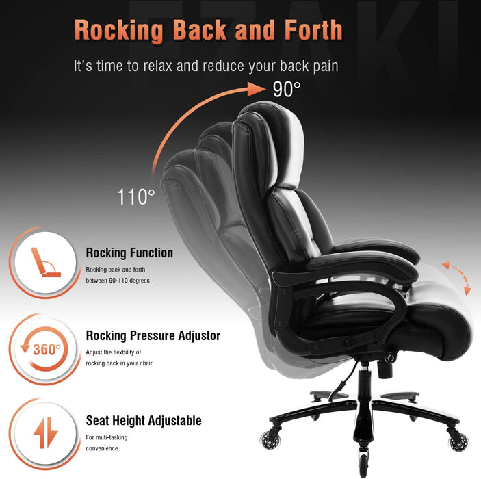 Big and Tall 400lbs Office Chair - Adjustable Lumbar Support, Heavy Duty Metal Base, Quiet Rubber Wheels, High Back Large Executive Computer Desk Chair - Ergonomic Design for Back Pain Relief - Black