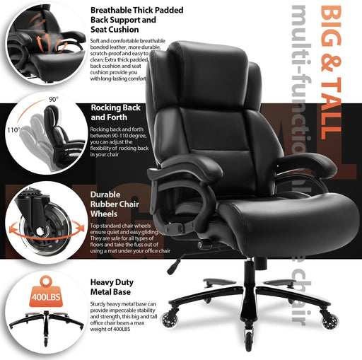 Big and Tall 400lbs Office Chair - Adjustable Lumbar Support, Heavy Duty Metal Base, Quiet Rubber Wheels, High Back Large Executive Computer Desk Chair - Ergonomic Design for Back Pain Relief - Black