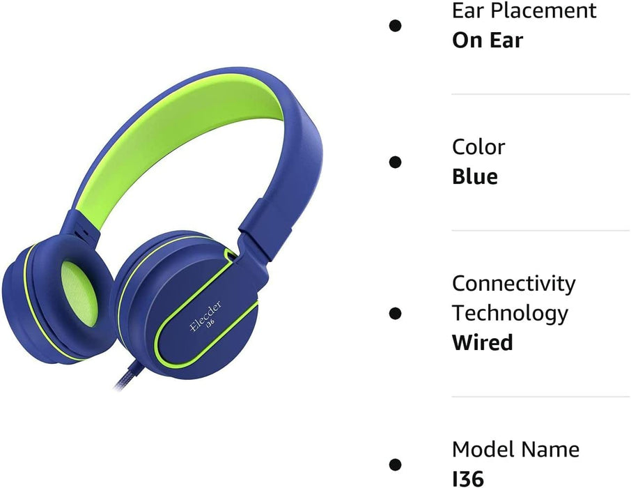 I36 Kids Headphones - Foldable & Adjustable On-Ear Headphones for Children, Girls, Boys, and Teens - 3.5mm Jack Compatible with Cellphones, Computers, Kindles, MP3/4 Players, School Tablets - Blue/Green