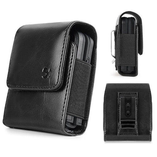 Leather Vertical Pouch Case with Belt Loop, Metal Clip, and Magnetic Closure for Moto Razr+/ Galaxy Z Flip 5 4 3 Phones - Black