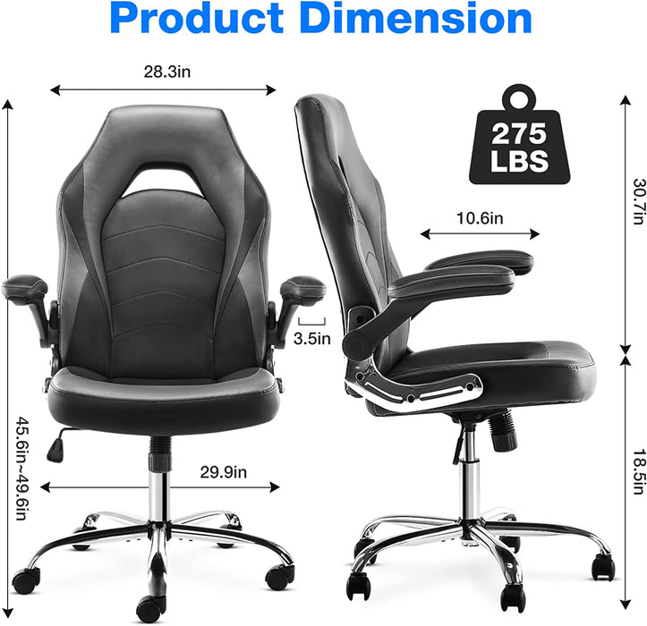 Gaming Ergonomic Office Chair with Flip-Up Armrest and Height Adjustable Desk - Splicing PU Leather Computer Chair with Lumbar Support - Dimensions: 25.98D x 28.35W x 42.13H Inches - Black + Grey