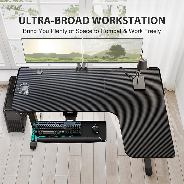 61" L-Shape Dual Motor Electric Height Adjustable Standing Desk with Keyboard Tray - Sit Stand Up Home Office Corner Rising Computer Gaming Table with Memory Preset and Large Mousepad - Right Configuration