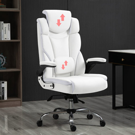 Ergonomic Executive Office Chair - High Back PU Leather Computer Desk Chair with Wheels and Flip-Up Arms, Adjustable Headrest, Tilt, and Lumbar Support - White