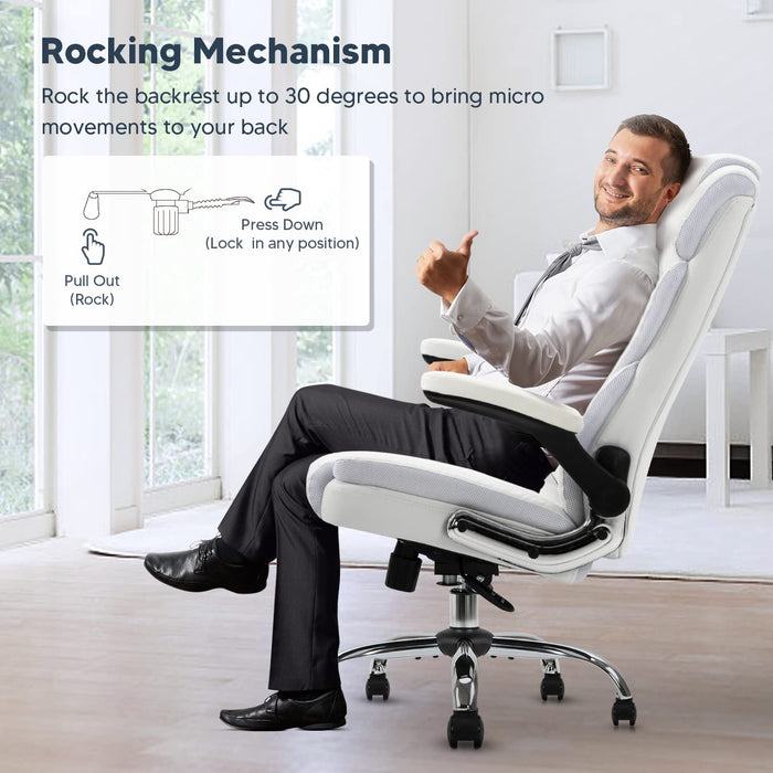 Ergonomic Executive Office Chair - High Back PU Leather Computer Desk Chair with Wheels and Flip-Up Arms, Adjustable Headrest, Tilt, and Lumbar Support - White