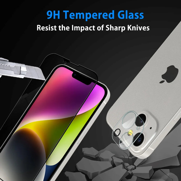 Anti-Scratch 9H Tempered Glass Privacy Screen Protector + Camera Lens Protector for iPhone 14 - [2 + 2 Pack]