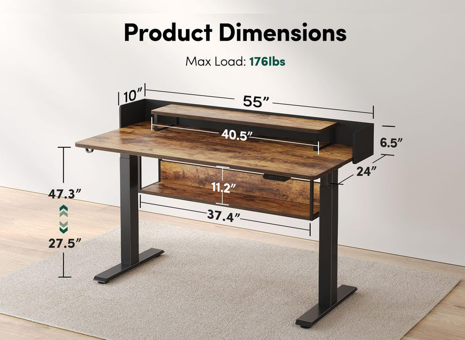 55" Electric Standing Desk with Shelves - 55 x 24 Inch Sit Stand Rising Desk with Monitor Stand and Storage - Ergonomic Home Office Computer Desk - Rustic Design