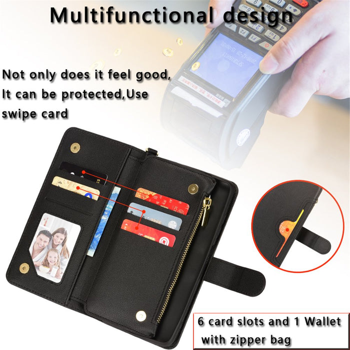 Versatile Leather Wallet Case for Samsung Galaxy Z Fold 4 - Drop-Proof Design with Flip Stand, Card Holder, Purse, Zipper, and Crossbody Functionality, Complete with Lanyard and Wristlet Straps - Compatible with Samsung Z Fold4 5G