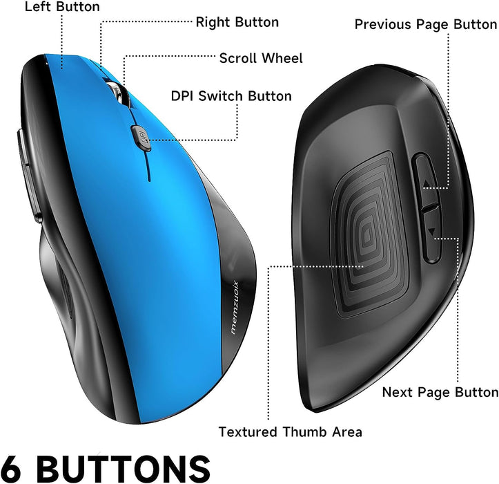 Ergonomic Wireless Mouse, 2.4G Optical Cordless Mice with 800/1200/1600 DPI - Vertical Computer Wireless Mouse for Laptop, Mac, PC, Desktop (For Right Hand, Large) - Blue