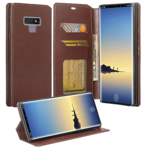 Sleek Flip Folio Wallet Case with Kickstand, I.D and Card Slots for Samsung Galaxy Note 9 - Brown