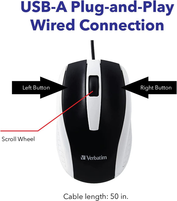 Wired USB Computer Mouse - Corded USB Mouse for Laptops and PCs - Ambidextrous Design for Right or Left Hand Use, White (Model: 99740) - Compact Size: 1.4" x 2.4" x 3.9
