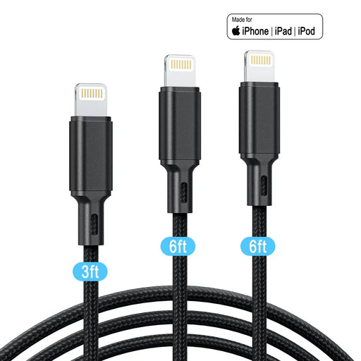 SyncWave [Apple MFi Certified] iPhone Charger Cables - 3 Pack (3/6/6ft) Long Nylon Lightning Cable for Fast Charging - Compatible with iPhone 14/13/12/11 Pro Max/Pro, 13/12 Mini, XS, AirPods, iPad - Black