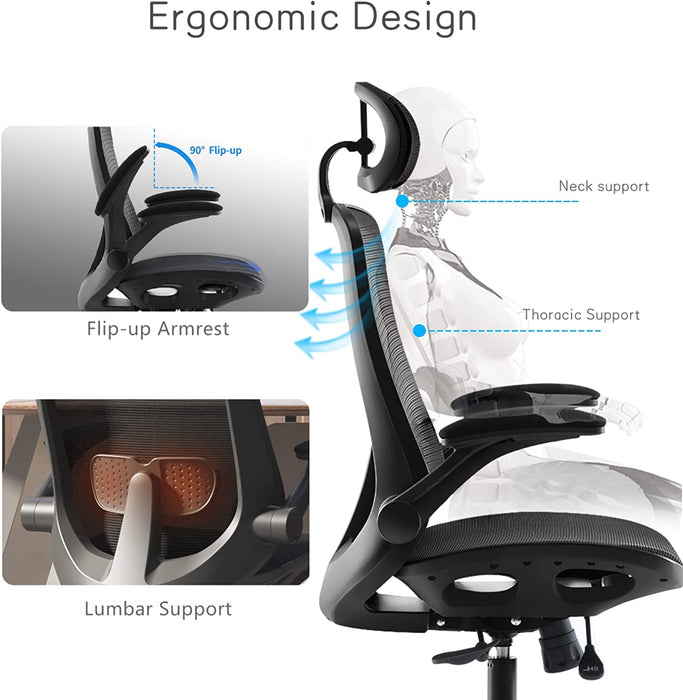 Ergonomic Office Chair - Desk Chair - High Back Computer Chair with Lumbar Support and Flip-Up Armrest, Adjustable Backrest, Seat Cushion, and Headrest - Black