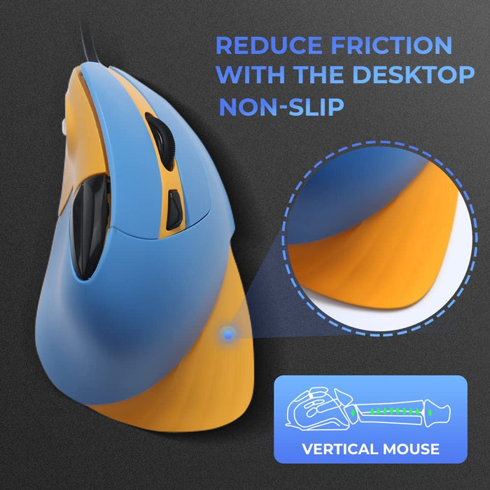 Vertical Ergonomic 89g Lightweight Optical Mouse - Wired RGB Gaming Mouse to Reduce Wrist/Hand Strain, 1000/1600/3200/6400 DPI, 6 Buttons for Laptop, Desktop, PC, Mac - Blue & Yellow