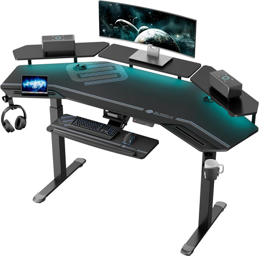 Gaming Desk - Standing Desk with Keyboard Tray - 72" Wing-Shaped Music Studio Desk Electric Adjustable Height Sit Stand Desk with LED Shelves - Ideal for Gaming, Recording, Live Streaming, with Slot Design