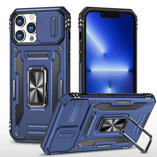 Blue Magnetic Protective Case for iPhone 13, iPhone 14, iPhone 14 Pro, iPhone 14 Plus, iPhone 14 Pro Max - Built-in Camera Cover, Kickstand, 360° Rotate Ring Stand - Premium Defense and Style