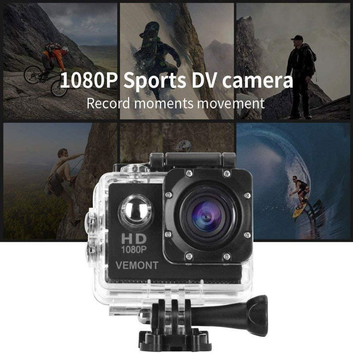 Action Camera, 1080P 12MP Sports Camera Full HD 2.0 Inch Action Cam - Waterproof up to 30M/98Ft for Snorkeling, Surfing - Wide-Angle Lens with Mounting Accessories Kit - Black