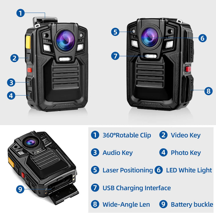 V8-128/256GB Body Camera 1440P - 2 Batteries Working 10 Hours - IP68 Body Camera with Audio and Video Recording - Wearable Night Vision Body Camera - Easy to Use (MAX 2160P)