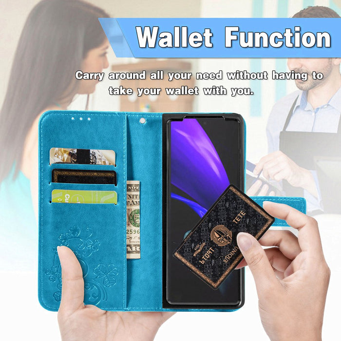 Chic Blue Wallet Case for Samsung Galaxy Z Fold 4 - Embossed Four-Leaf Clover Design with Lanyard Strap, Shockproof Protection, Card Slots, and Flip Stand Cover