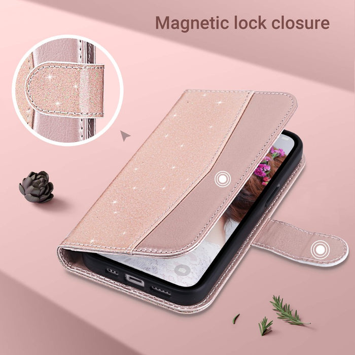 Bling Rose Wallet Case for iPhone 13 (6.1 Inch) - Kickstand & Card Holder for Women and Girls
