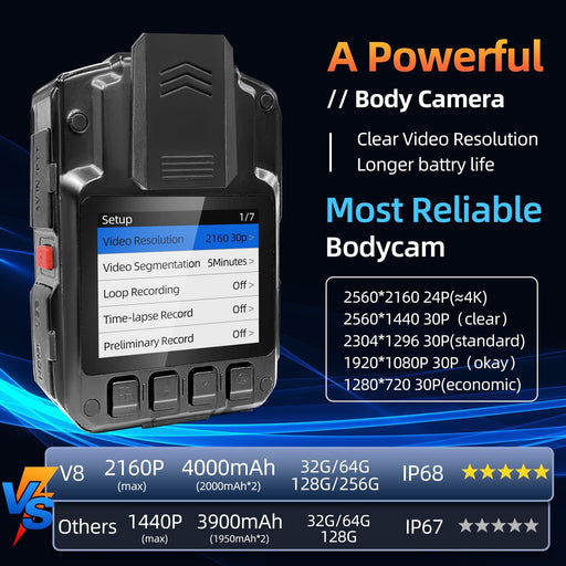 V8-64GB Body Camera 1440P - 2 Batteries Working 10 Hours - IP68 Body Camera with Audio and Video Recording - Wearable Night Vision Body Camera - Easy to Use (MAX 2160P)